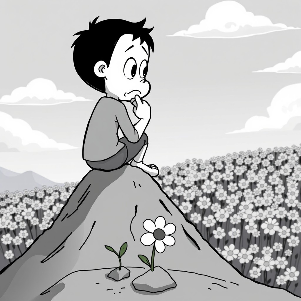 A cartoon-style illustration featuring a sad character seen from the side, with a slightly oversized head and wide, sorrowful eyes