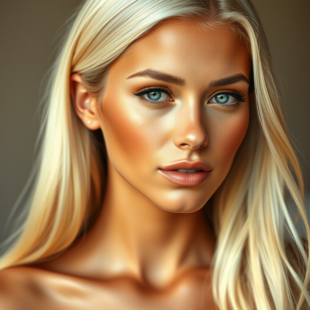 A beautiful dyed blonde woman with sun-kissed, lightly tanned skin, long silky platinum-blonde hair, soft makeup enhancing her bright, expressive eyes