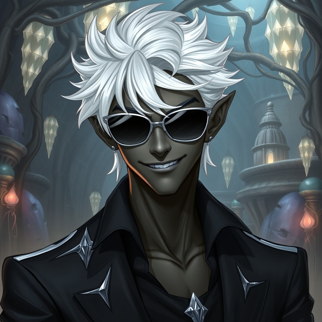 A male drow character wearing stylish sunglasses, showcasing short white hair that contrasts with his dark gray skin