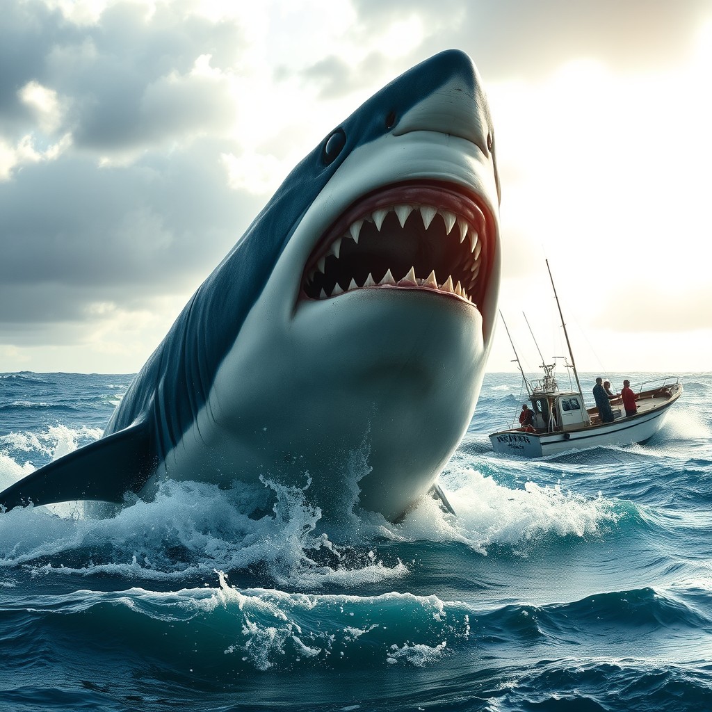 A dramatic ocean scene featuring a massive great white shark, with its powerful jaws open wide, revealing sharp teeth as it breaches the surface of a tempestuous sea