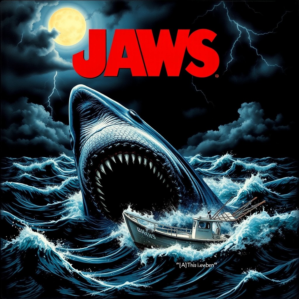 A striking album cover for a music album titled "Jaws" featuring a large, menacing great white shark emerging from dark, turbulent ocean waters