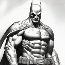 A strikingly detailed pencil sketch of Batman, emphasizing strong shadows and contrasts to accentuate his iconic costume and heroic stature.