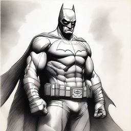 A strikingly detailed pencil sketch of Batman, emphasizing strong shadows and contrasts to accentuate his iconic costume and heroic stature.