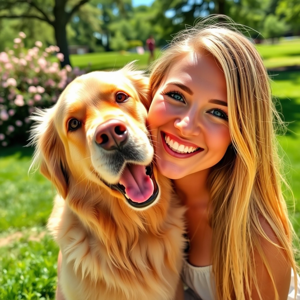 A happy, playful scene of a golden retriever dog lovingly licking the face of a smiling blonde woman