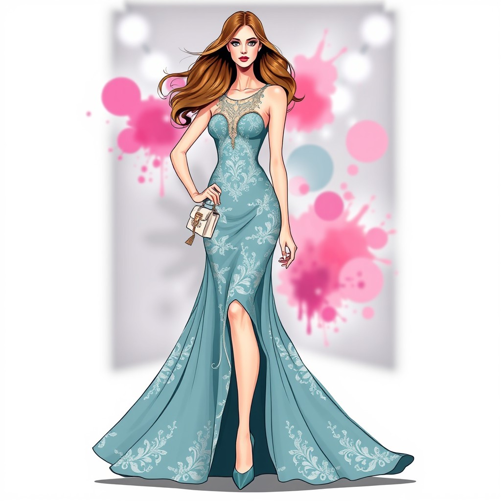 A chic fashion illustration showcasing a stylish model wearing an elegant evening gown inspired by haute couture