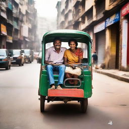 A loving couple sharing a joyful ride in an auto rickshaw on a bustling city street.