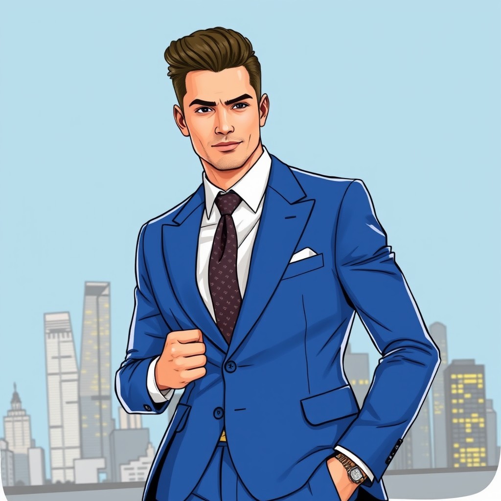 A stylish men's fashion illustration featuring a confident man wearing a modern tailored suit in a vibrant color, showcasing a sleek design with a contemporary fit