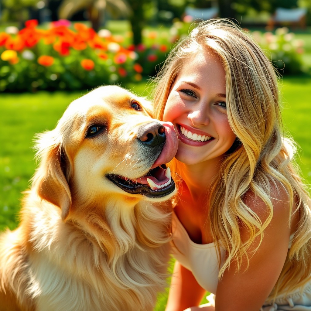 A joyful and heartwarming scene of a golden retriever dog affectionately licking the face of a cheerful blonde woman