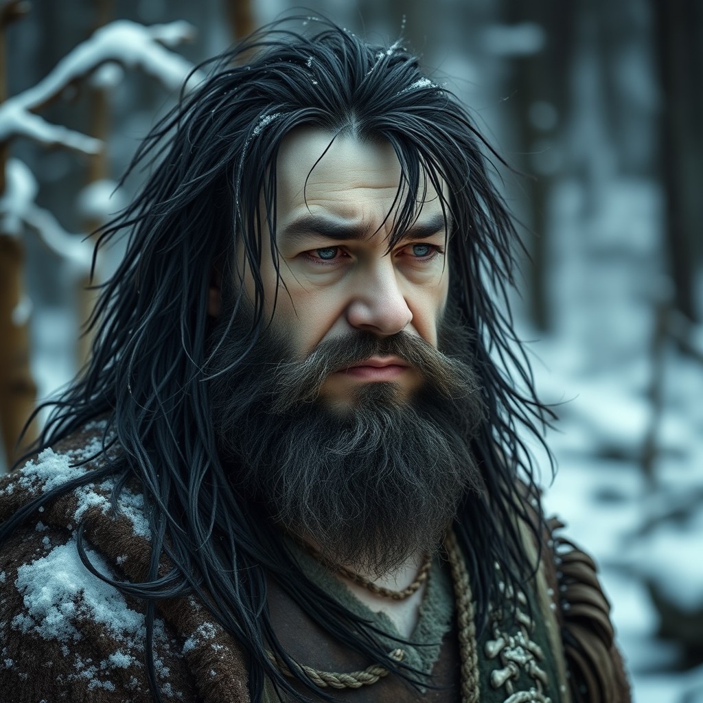 A short, broad-shouldered man, standing barely over five and a half feet tall, with a sturdy, slightly chubby frame that reflects a life of survival in rough winters