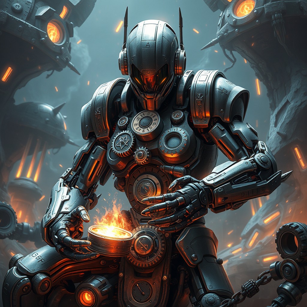 A powerful cyborg depicted in a futuristic setting, featuring intricate gears and mechanical components seamlessly integrated into his metallic body