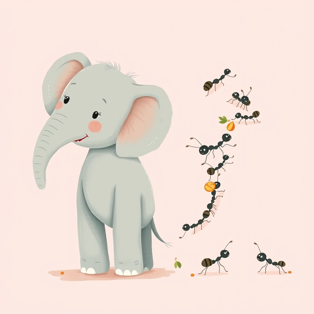A cute elephant standing on the left side of the image, with several adorable ants on the right side busily carrying food scraps