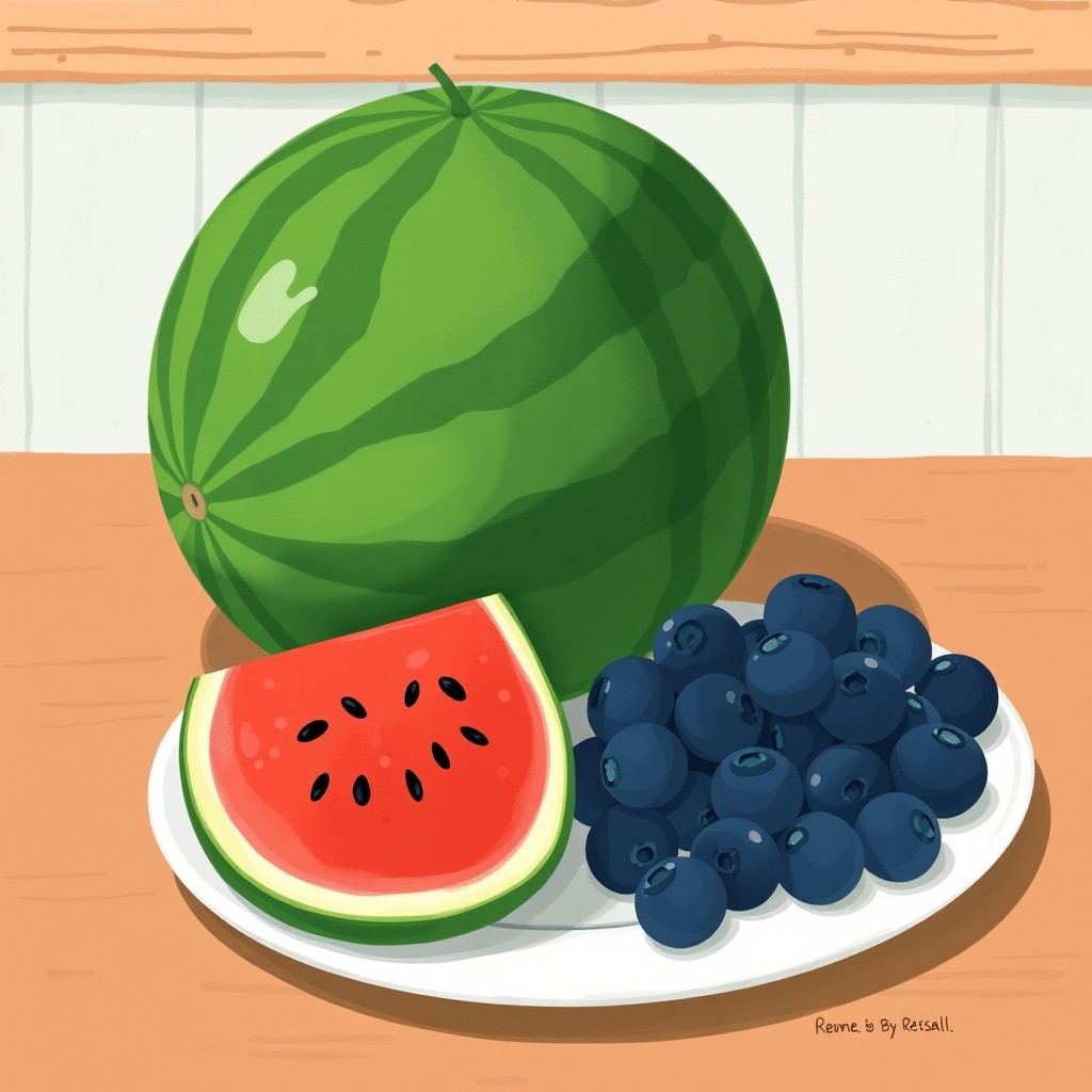 A beautifully illustrated scene featuring a large watermelon placed on a table, alongside a plate filled with several juicy blueberries