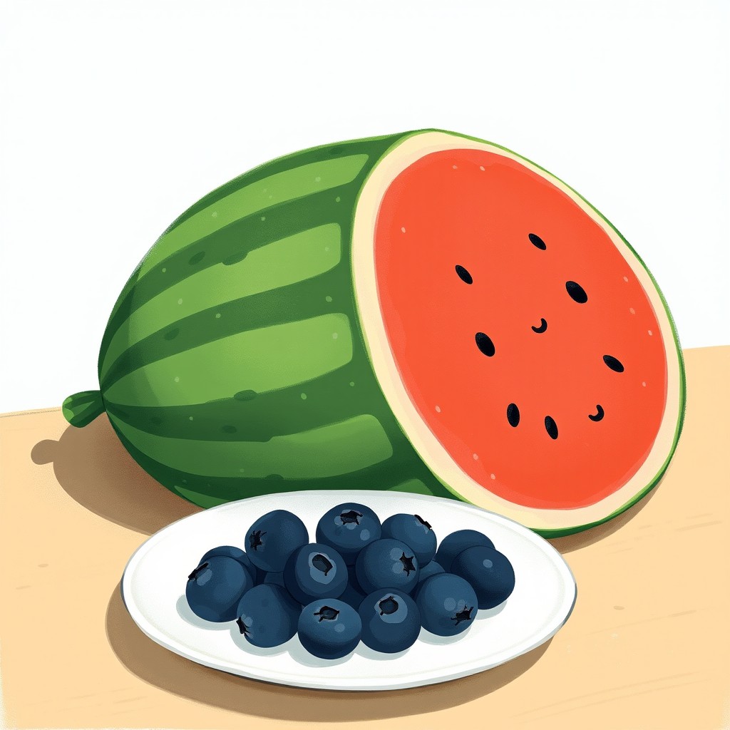 A charming illustration featuring a cute, large watermelon resting on a table, accompanied by a plate that holds several small blueberries