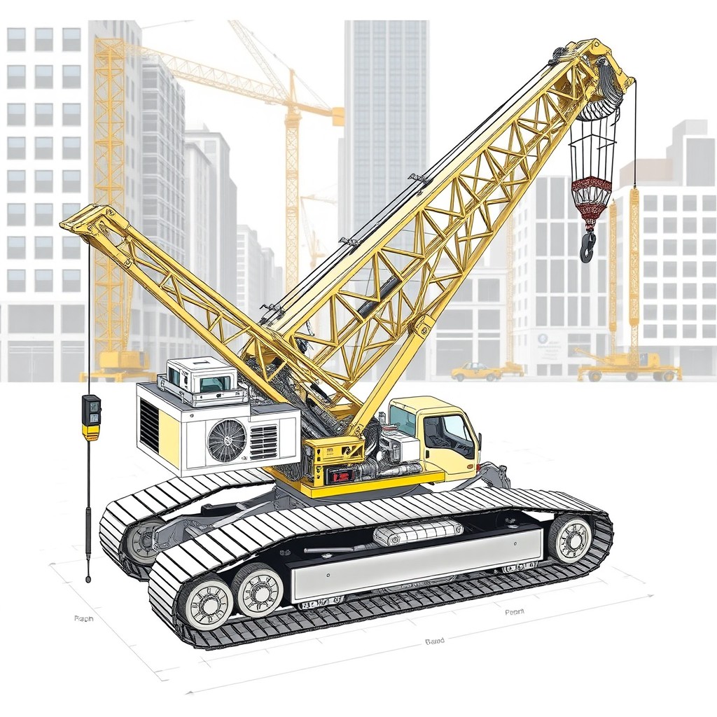 A detailed plan view of a crawler crane with an extended boom section