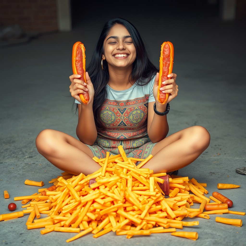 A hot Pakistani girl, 18 years old, sitting criss-cross on the ground, smiling joyfully with her eyes closed
