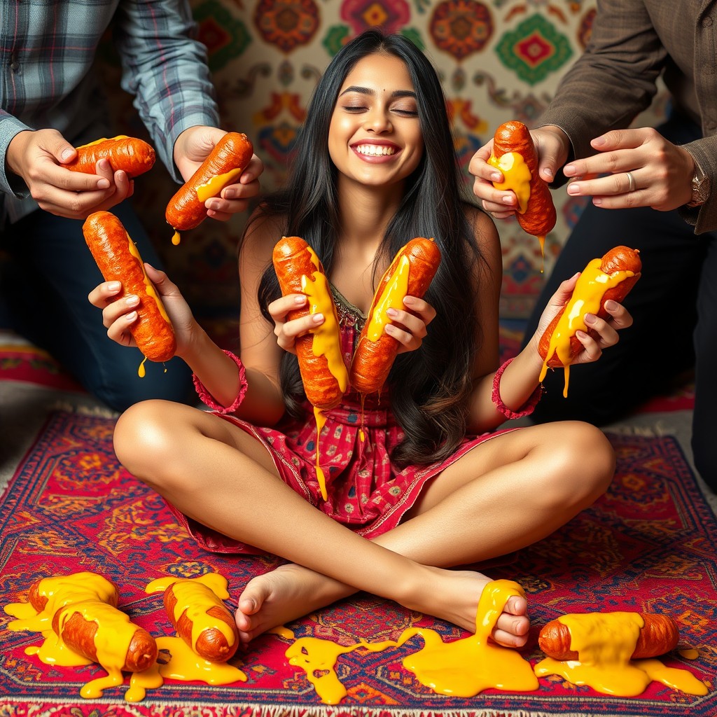 A hot Pakistani young woman, 18 years old, sitting criss cross on a colorful rug, smiling joyfully with her eyes closed