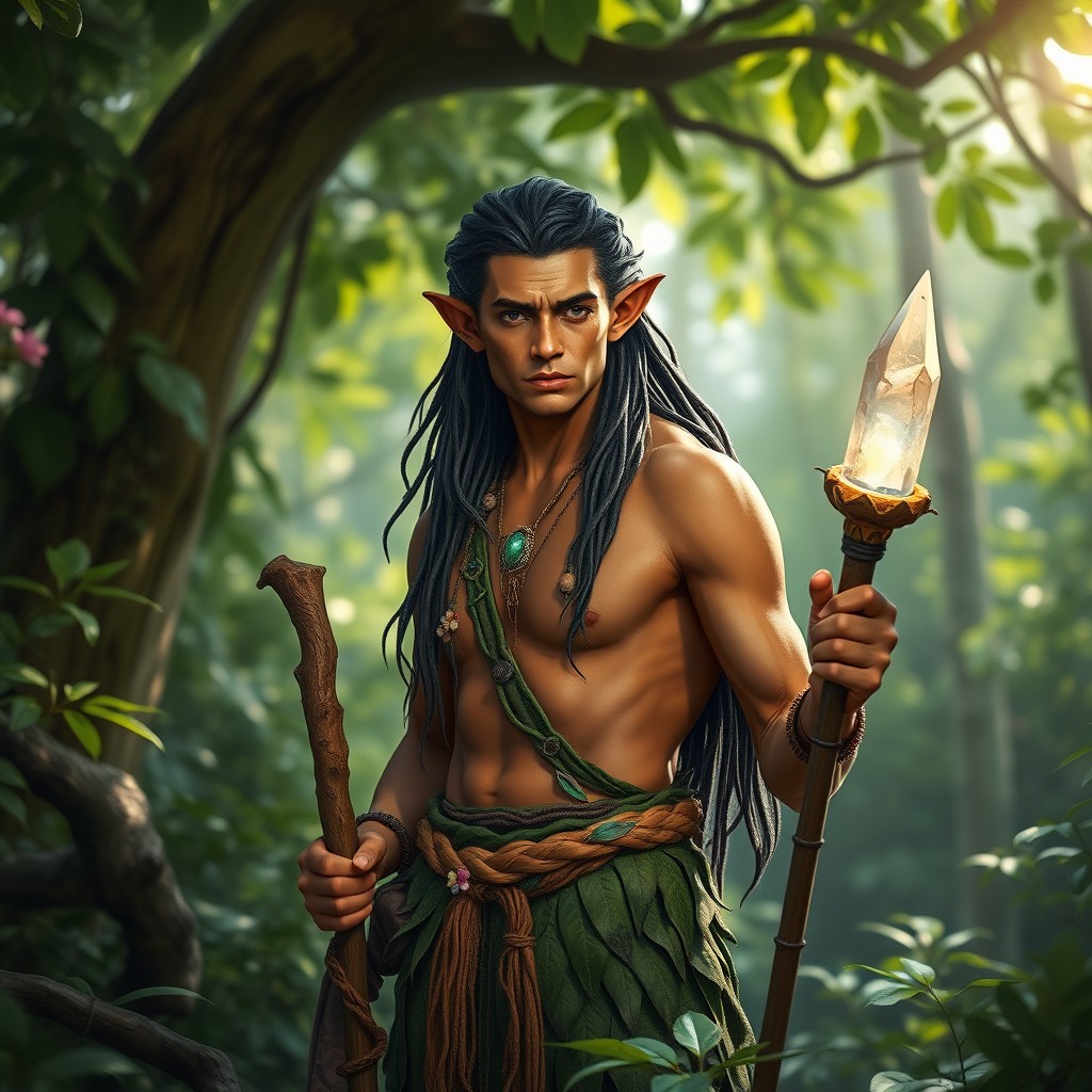 A male wood elf druid standing in a lush forest environment, showcasing his rich brown skin and pointed ears