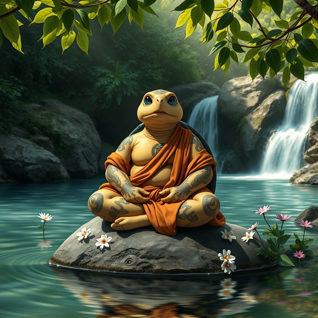 A wise tortle monk sitting cross-legged on a tranquil rock by a serene river, surrounded by lush greenery and gentle waterfalls