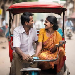 A loving couple sharing a joyful ride in an auto rickshaw on a bustling city street.