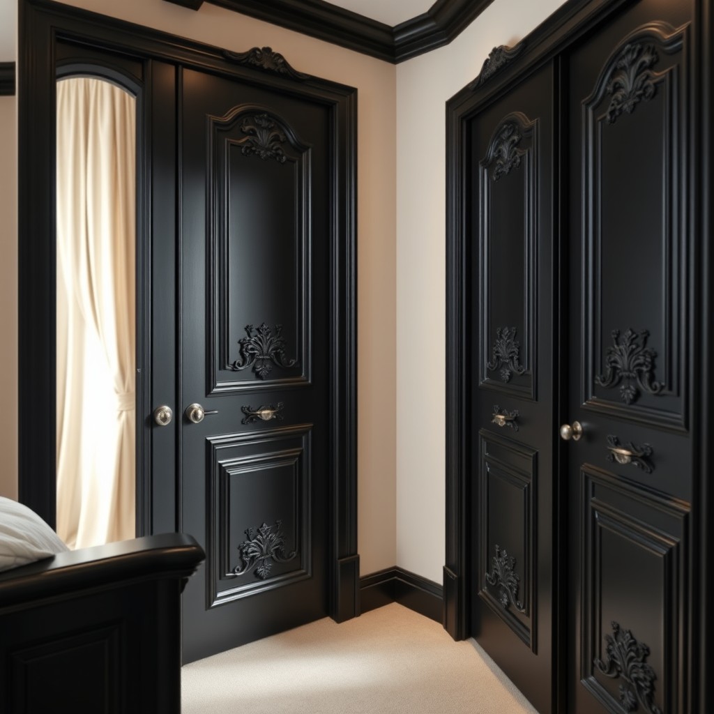 A luxurious interior featuring black French-style bedroom doors, elegantly designed with ornate carvings