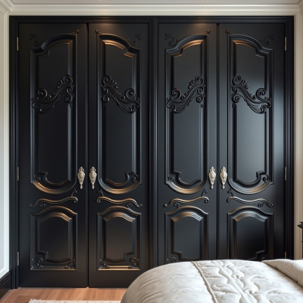 A stunning view of modern bedroom doors finished in sleek black, designed in a French style with elegant, ornamental flourishes