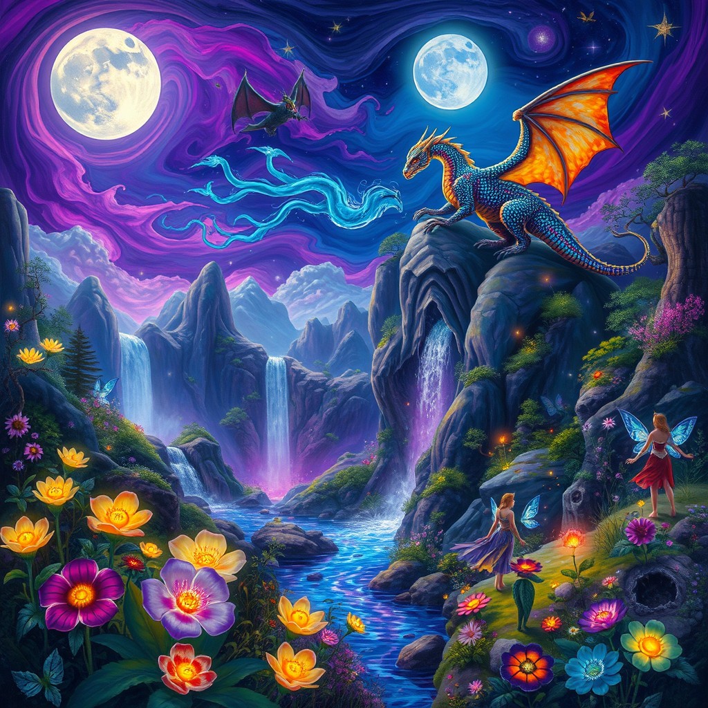 A vibrant fantasy landscape featuring a mystical forest filled with glowing plants and sparkling waterfalls