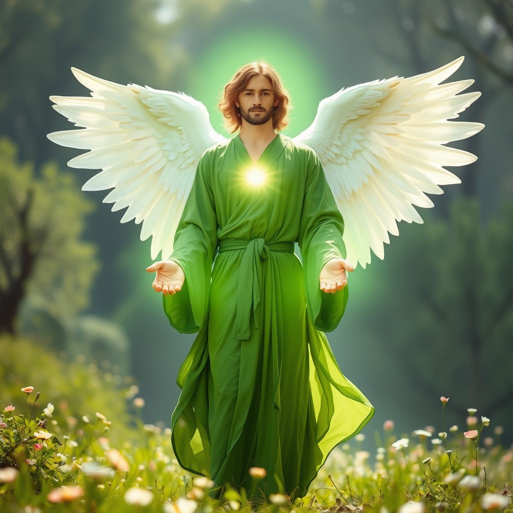 An ethereal Arcangel dressed in flowing green robes, gracefully opening his magnificent white wings