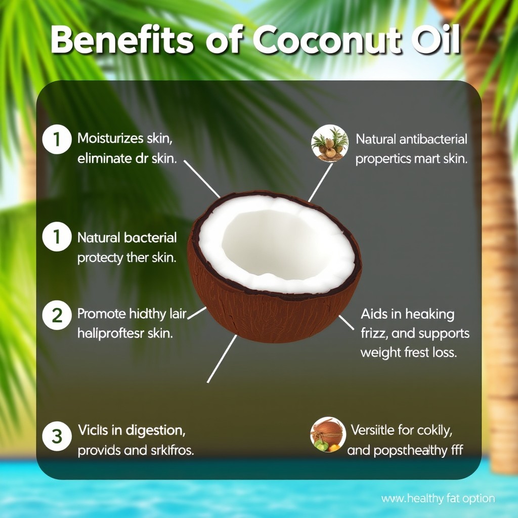 A detailed infographic illustrating the benefits of coconut oil