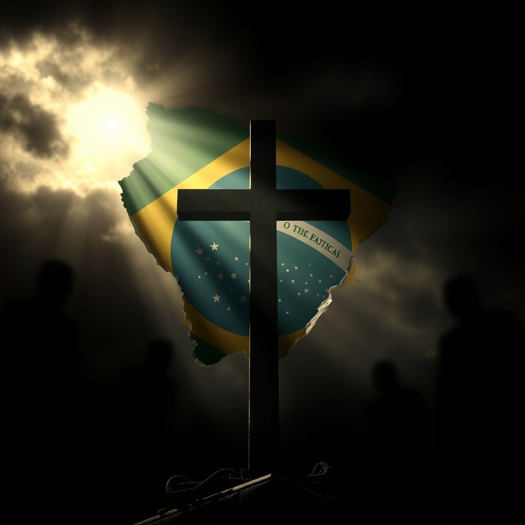 A dramatic book cover for a political thriller set in a polarized Brazil, featuring a torn or shadowed representation of the Brazilian flag subtly incorporated into the background