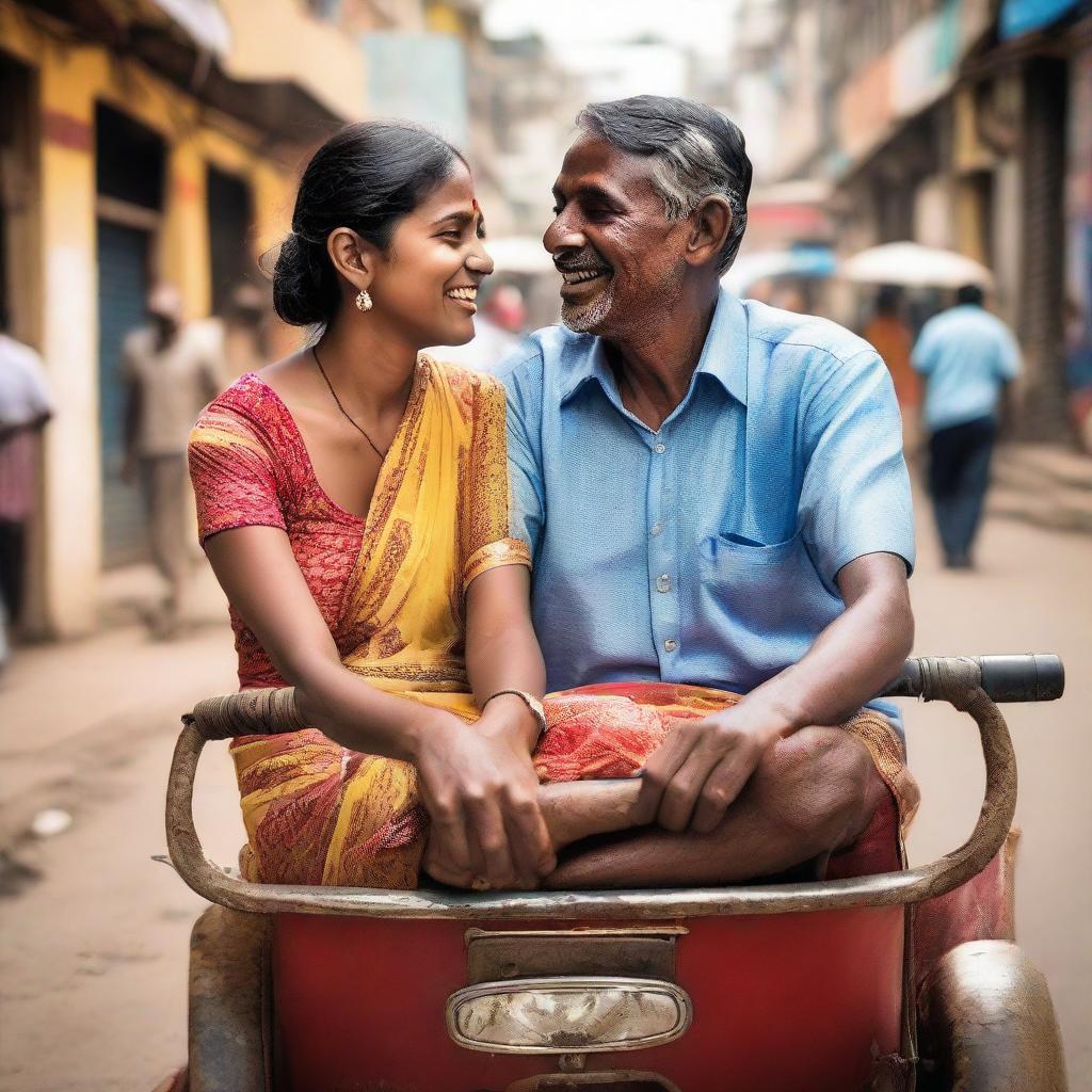 A loving couple sharing a joyful ride in an auto rickshaw on a bustling city street.