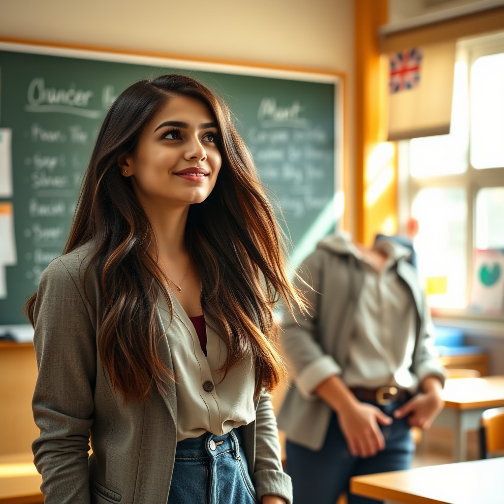 A captivating scene depicting a beautiful high school teacher with long, flowing dark hair and wearing a stylish, professional outfit
