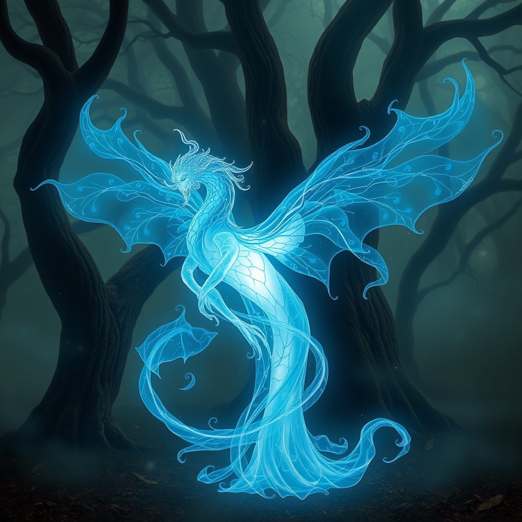 A mesmerizing blue phantom, radiating an ethereal glow, standing within a mystical forest