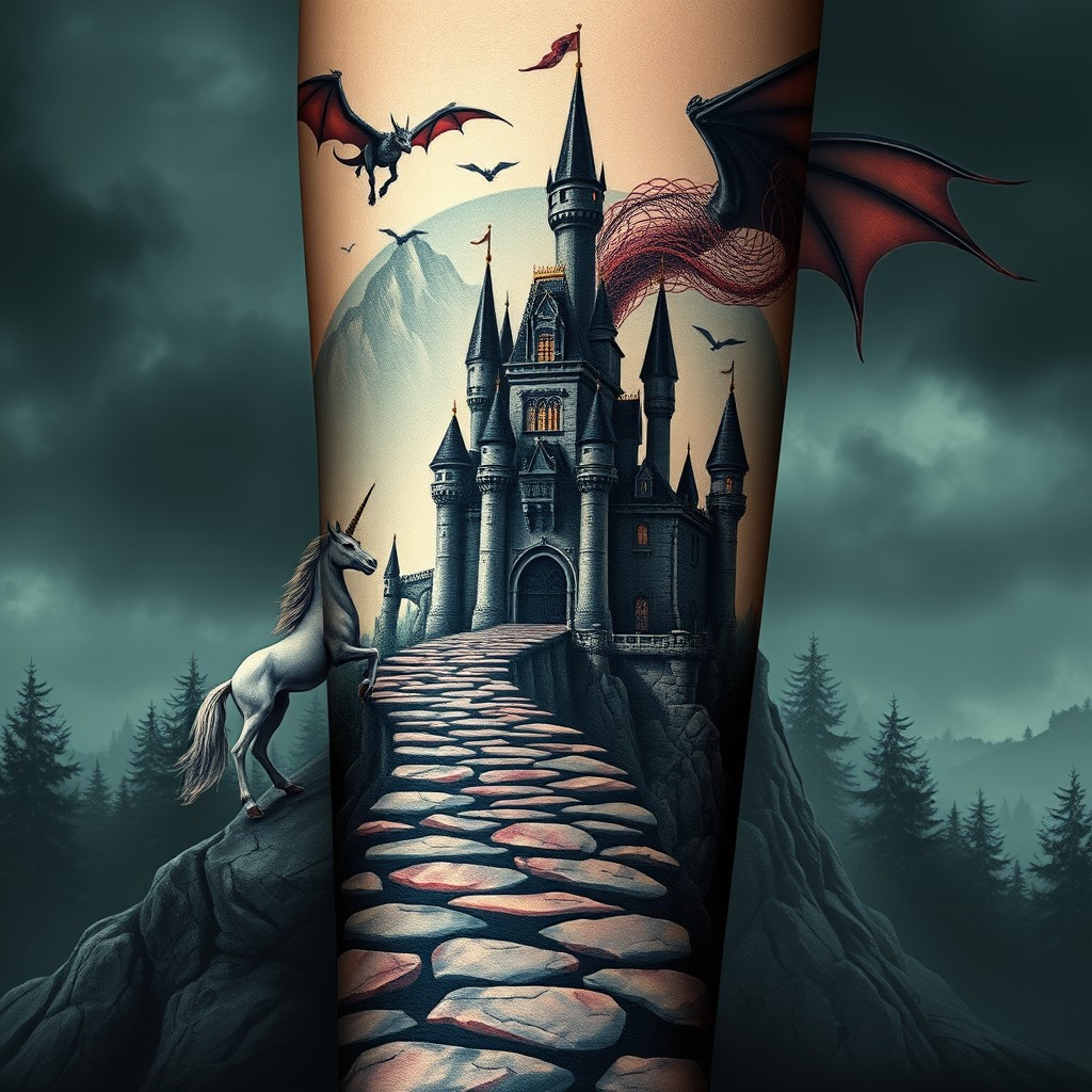 A fantastical fairytale castle looms in the background, approached by a long, slithering path crafted from rugged rocks that fade out at the bottom, enhancing the eerie ambiance