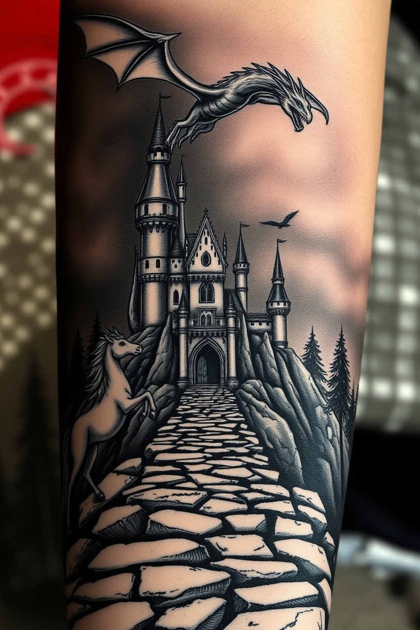 A mystical fairytale castle stands imposingly against a dark backdrop, approached by a long, slithering path composed of rugged rocks that tone out at the base, enhancing the eerie mood of the scene