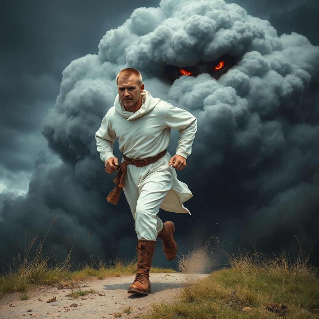 A Zaporizhian Cossack clad in white garments, with a short haircut, running in fear from a dark cloud featuring demonic eyes