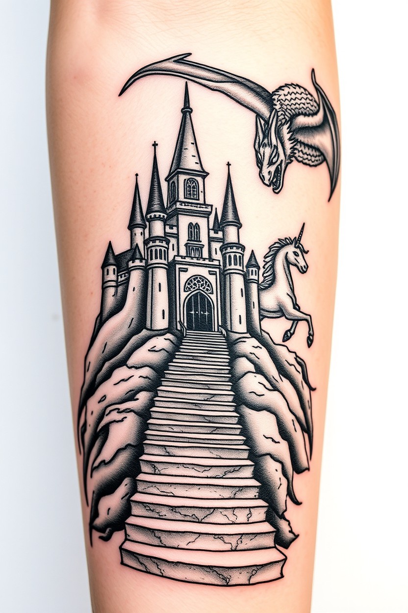 A striking fairytale castle is prominent in the design, accessed by a long slithering path made of intricately designed stairs that tone out at the bottom, creating a dynamic visual flow