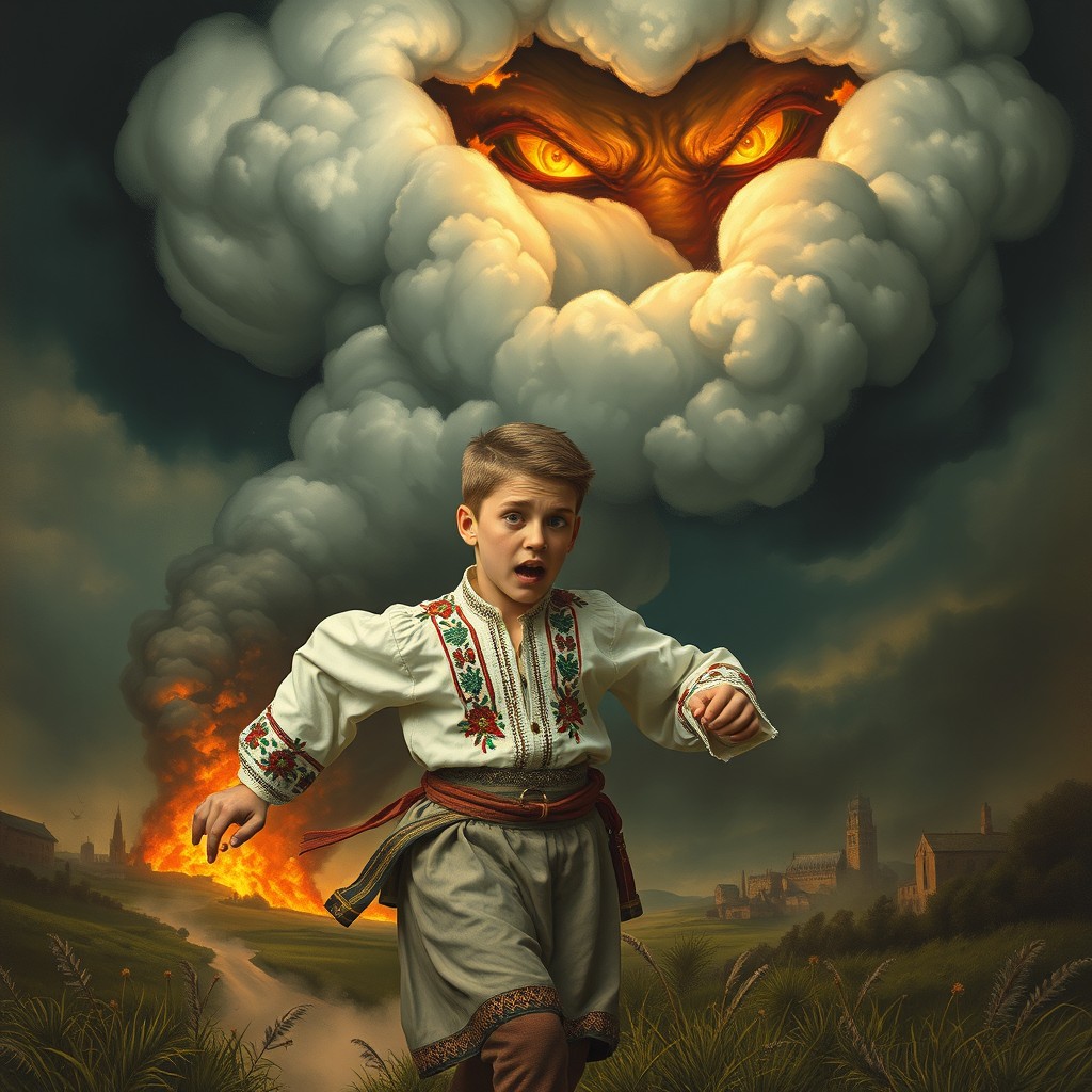 A young Zaporizhian Cossack dressed in a white embroidered shirt (vyshyvanka) with a short haircut, running in fear from a dark cloud featuring demonic eyes
