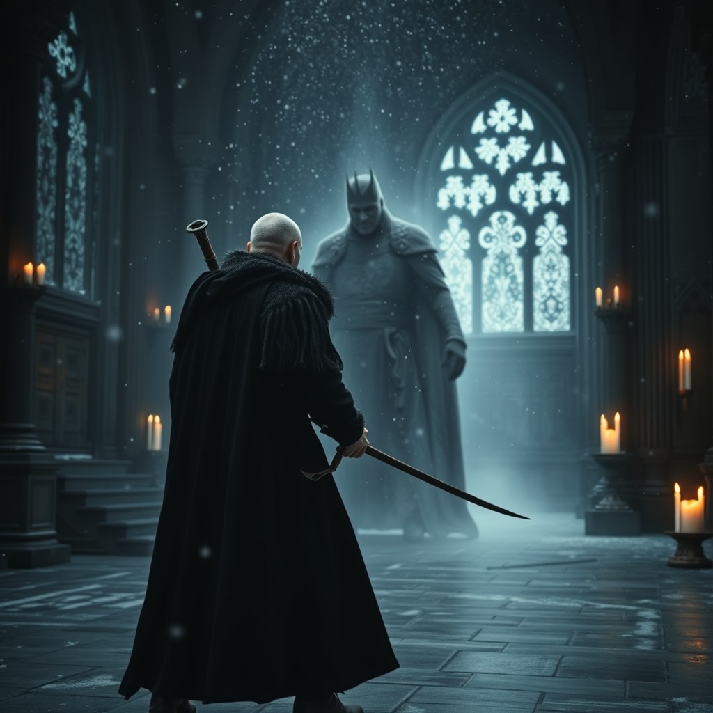 A Cossack in a black robe standing in a battle stance at a long distance against an emperor enveloped in a dark aura