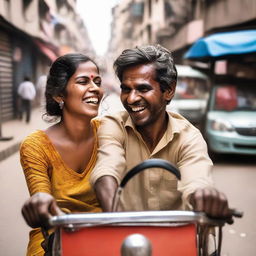 A loving couple sharing a joyful ride in an auto rickshaw on a bustling city street.