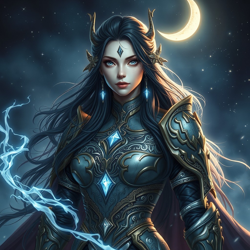 A female shadar-kai sorcerer embodying divine energy, donned in intricate armor that blends elegance with mysticism