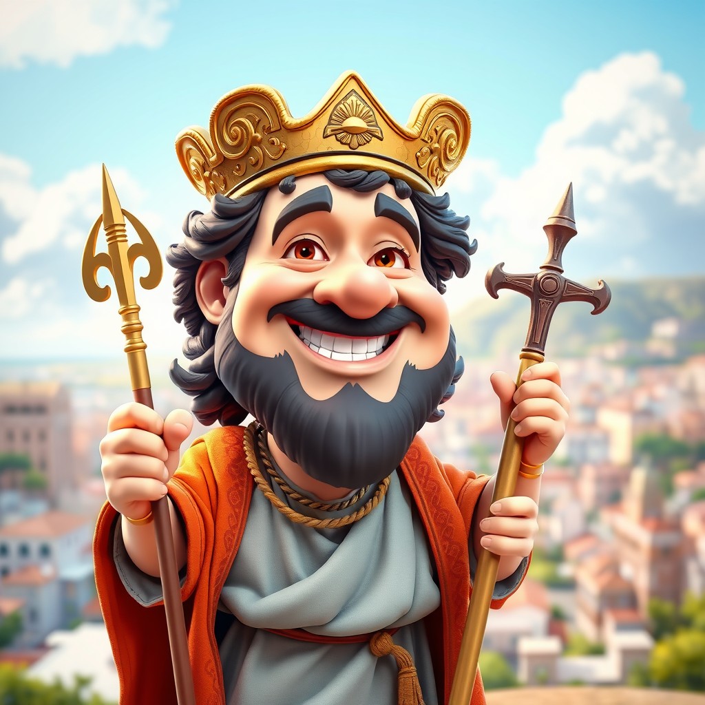 A vibrant 3D caricature of Santiago Apostle, depicted wearing traditional biblical attire with intricate details on the fabric