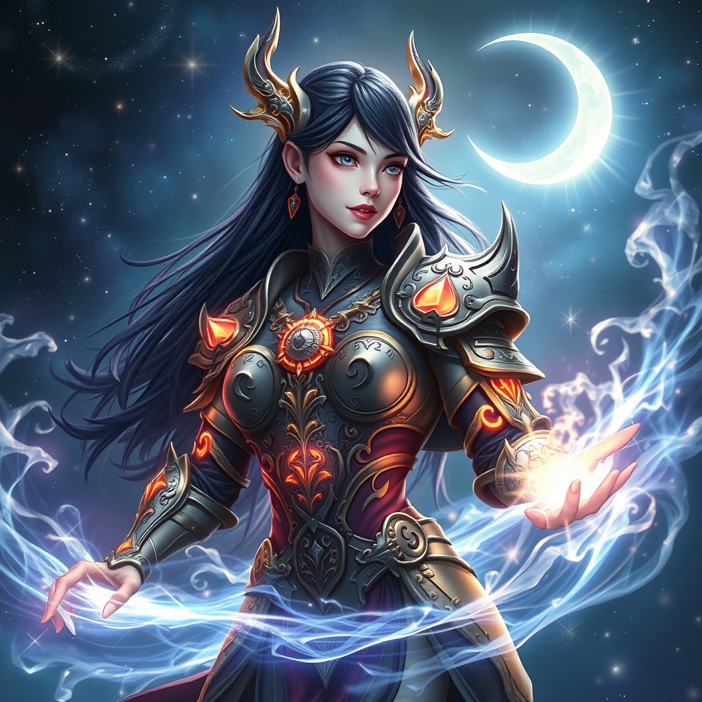 A female shadar-kai sorcerer radiating divine energy, clad in intricately designed armor that gracefully merges elegance with power