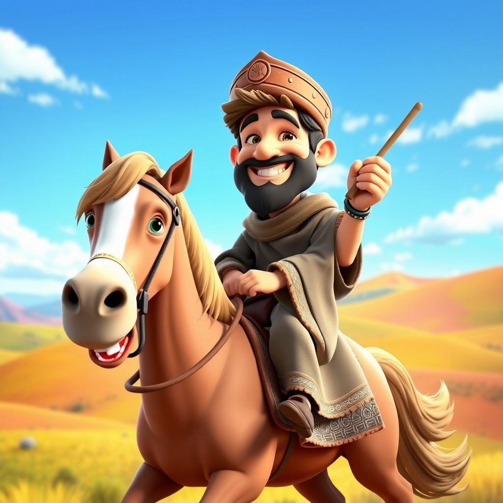 A lively 3D caricature of Santiago Apostle riding his horse, depicted in an animated and playful style