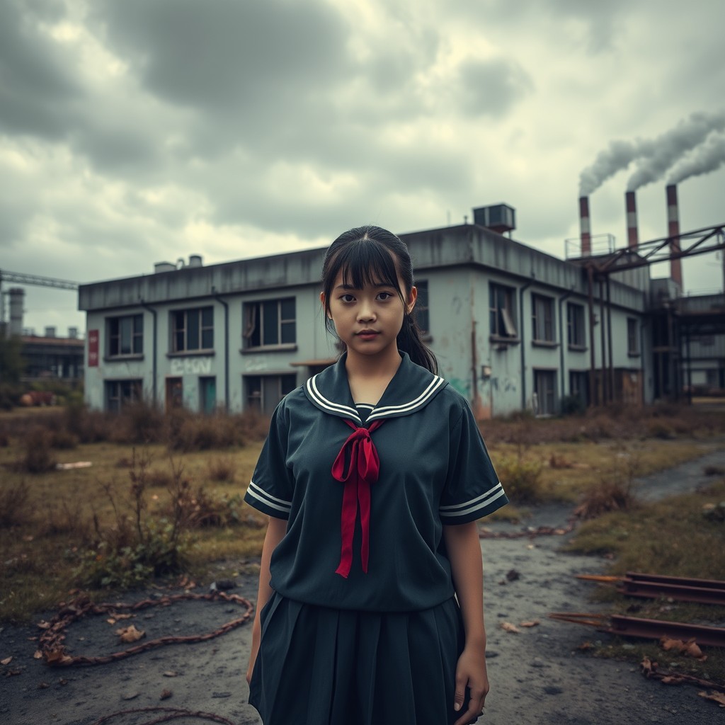 A hyper-realistic image of a female high school student standing confidently in front of a rundown office building located in an industrial park