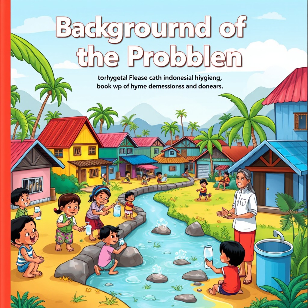 A cartoon-style illustration for a book cover titled 'Background of the Problem', focusing on diarrheal disease in Indonesia