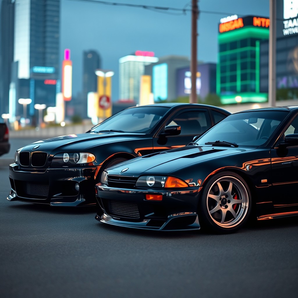 A striking scene featuring a BMW M3 in an all-black finish, showcasing its sleek and aggressive lines