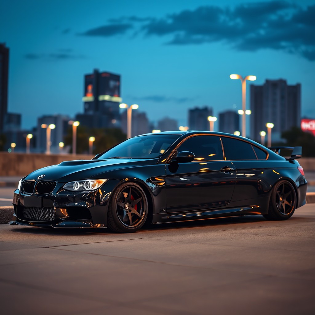 An eye-catching display featuring a BMW M3 in an all-black finish, showcasing its bold and sporty design