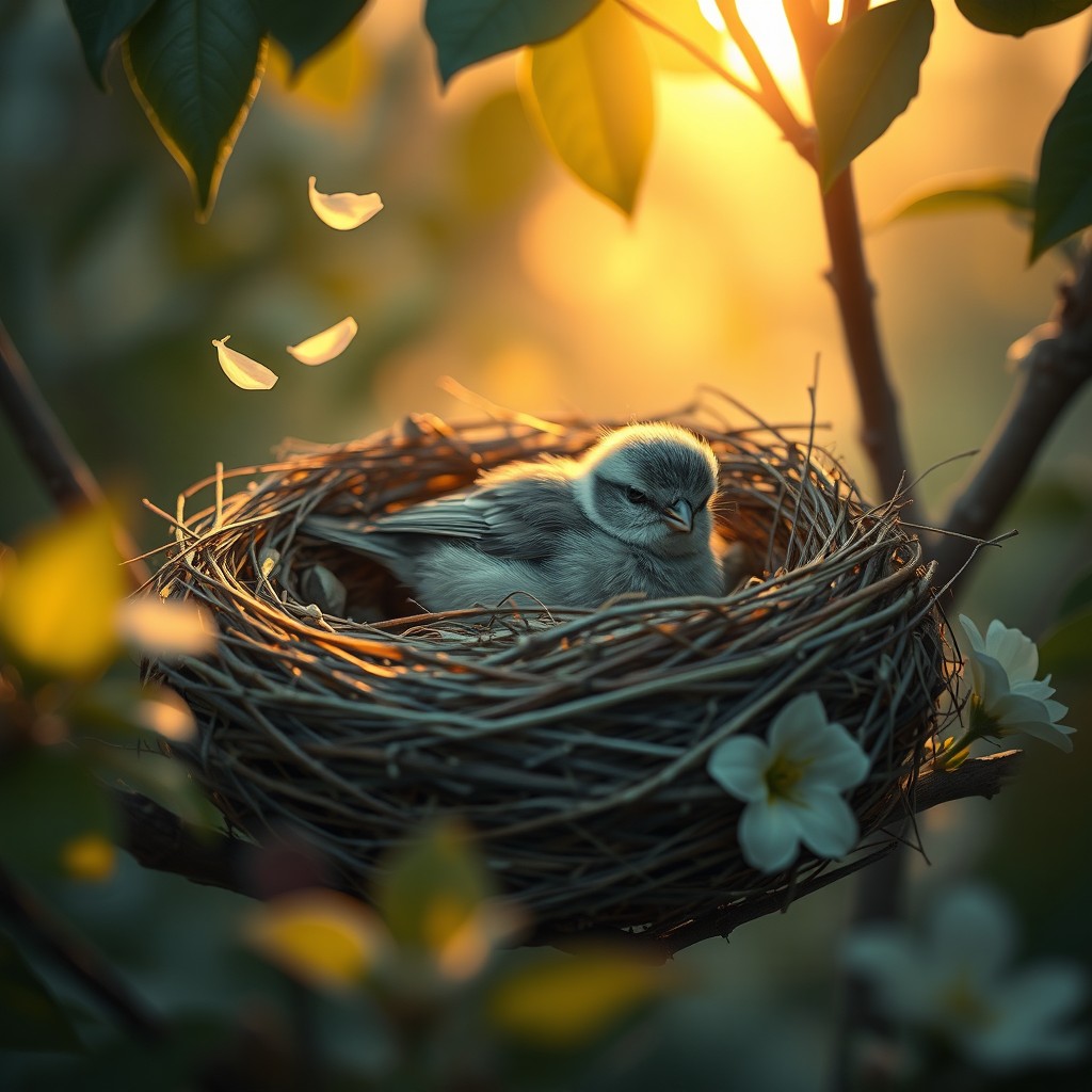 A serene yet poignant scene depicting a small bird resting in its nest at dusk, surrounded by soft, delicate foliage