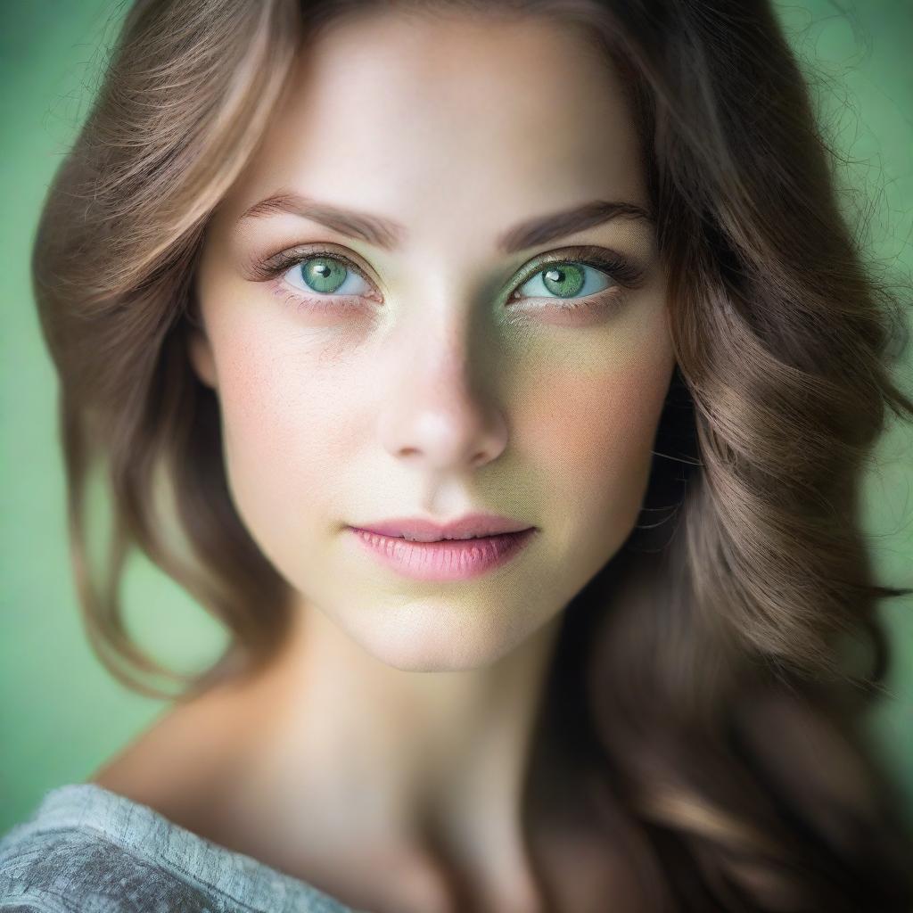 A feminine woman with delicate features, light brunette hair, and captivating light green eyes.