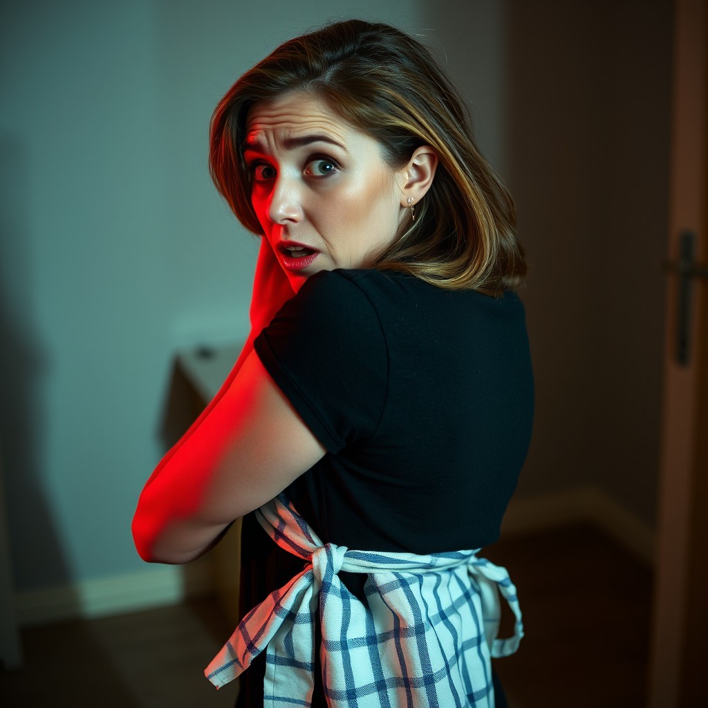 A dramatic scene where a woman slowly turns around completely 360 degrees with a scared expression on her face